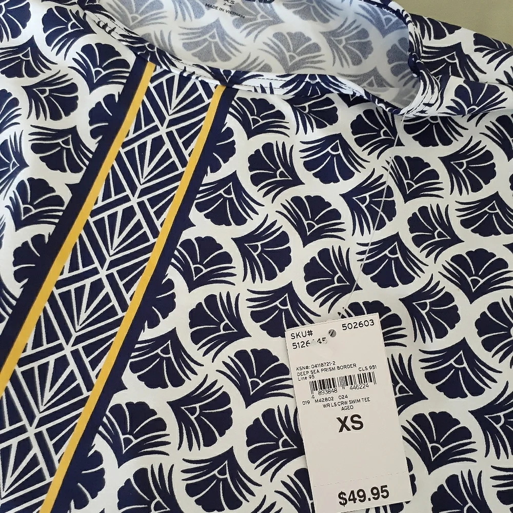 NWT*Lands' End navy print border* long sleeve rash guard*XS